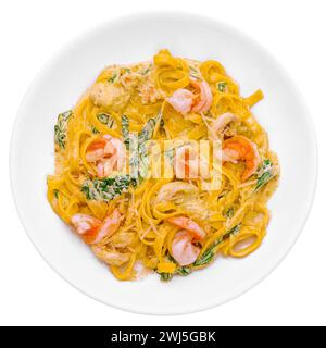 Fettuccine alfredo con vista dall'alto dei gamberi Foto Stock