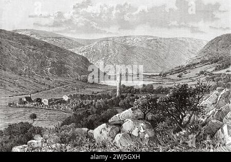 Valle di Glendalough, sito di un insediamento monastico paleocristiano annidato nelle montagne Wicklow, Country Wicklow, Repubblica d'Irlanda. Europa. Tre mesi in Irlanda di Miss Marie Anne De Bovet (1855 - 1935) Limerick and the Clare Coast 1889, le Tour du Monde 1890 Foto Stock