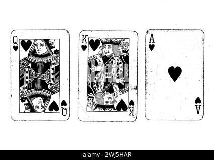 Carte da gioco vintage che mostrano una regina, un re e un asso di cuori in bianco e nero, isolati su uno sfondo bianco. Foto Stock