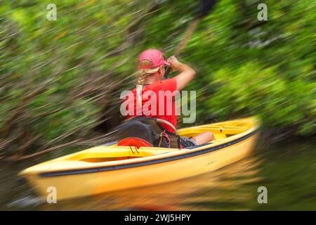 Giovane donna in kayak nel parco nazionale delle Everglades con effetto motion blur Foto Stock