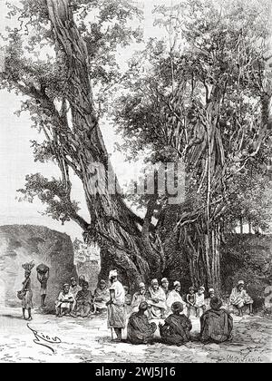 Incontro sotto il ficus del villaggio di Sanama, Guinea. Africa. Due campagne in Sudan francese, 1886-1888 di Joseph Simon Gallieni (1849 - 1916) le Tour du Monde 1890 Foto Stock