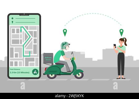 Servizio di consegna veloce in scooter su cellulare. Ordine di cibo online. Concetto di e-commerce. Illustrazione Vettoriale