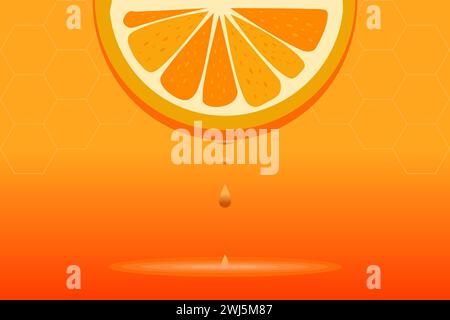 Goccia di succo che gocciola dalla metà arancione su sfondo arancione con motivo a nido d'ape. Illustrazione vettoriale. Illustrazione Vettoriale
