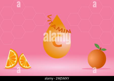 Immergere l'arancia vitamina C con un frutto d'arancia e una fetta d'arancia su sfondo rosa con motivo a nido d'ape. Illustrazione vettoriale. Illustrazione Vettoriale