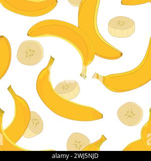 Motivo a banana senza cuciture su sfondo bianco. Vettore. Design per carta da imballaggio, tessuto, tessuto. Frutti esotici gialli maturi interi in buccia e pezzi di Illustrazione Vettoriale