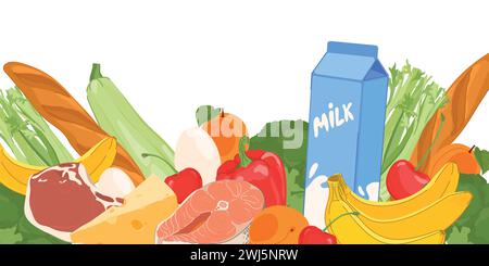 Cibo sano vettoriale in stile piatto. Prodotti del supermercato: Latte, pane, carne, pesce, verdura e frutta. Stile cartoni animati sano e a basso contenuto calorico Illustrazione Vettoriale