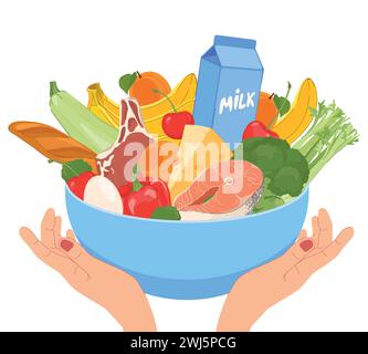 Giornata mondiale del cibo. Le mani umane tengono un piatto con cibo sano. Illustrazione vettoriale. Cibo in stile piatto. Verdure, frutta, carne, pesce, pane, latte, amico Illustrazione Vettoriale
