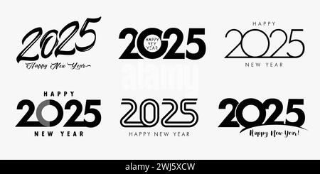 Grande set di testo con logo nero Happy New Year 2025. Concetto di icone creative per il nuovo anno per la copertina del calendario o il biglietto d'auguri. Illustrazione vettoriale Illustrazione Vettoriale