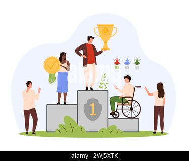 Discriminazione e pregiudizi nei confronti dei lavoratori con disabilità, ableismo e occupazione. Piccole persone in piedi sul podio dei vincitori, pregiudizi e posto sbagliato per l'uomo nell'illustrazione vettoriale dei cartoni animati in sedia a rotelle Illustrazione Vettoriale