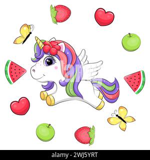 Simpatico unicorno cartoni animati in una cornice di frutta. Illustrazione vettoriale di animali estivi con mele, fragole, anguria, farfalla e cuore su sfondo bianco. Illustrazione Vettoriale