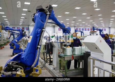 CHONGQING, CINA - 11 FEBBRAIO 2024 - Un robot trasferisce prodotti in fibra di vetro presso l'officina di produzione di un'azienda produttrice di fibre di vetro a Chongqing, Cina, Foto Stock