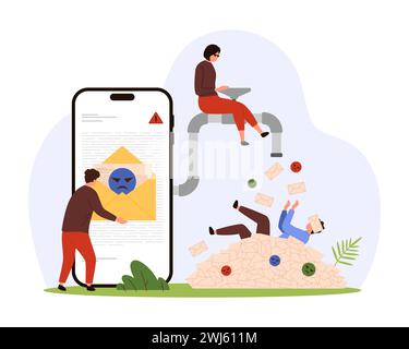 Sovraccarico di spam, marketing e newsletter nell'applicazione di posta mobile. I minuscoli criminali aprono il rubinetto con un flusso di e-mail di spam digitali dallo schermo del telefono all'illustrazione vettoriale del cartone animato del cliente Illustrazione Vettoriale