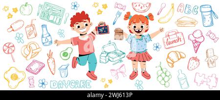 Modello vettoriale Doodle per l'asilo nido con i bambini dei cartoni animati. Divertente cartoni animati ragazza e ragazzo in asilo o in età prescolare con cibo e bevande sani. I personaggi contenti tengono i cestini per il pranzo con spuntini, frutta e verdura Illustrazione Vettoriale