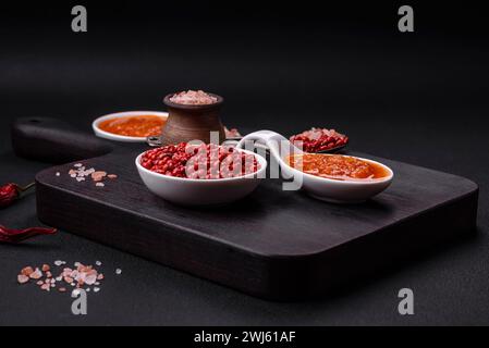 Salsa di adjika rossa o ketchup con spezie ed erbe su fondo di cemento scuro Foto Stock