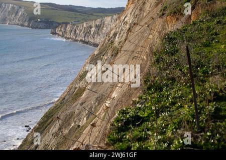 Costa,erosione,strada,scogliera,gesso,panoramico,viaggio,migliore,vista,Southern Vectis,Breezer,A, 3055,Military Road, Freshwater, Compton,Bay,Isola di Wight, Foto Stock