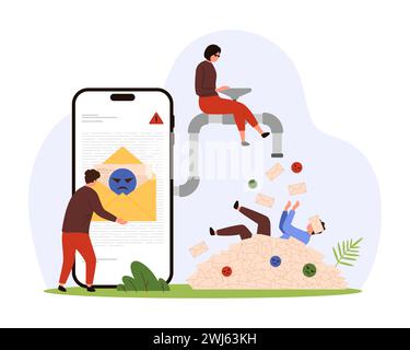 Sovraccarico di spam, marketing e newsletter nell'applicazione di posta mobile. I minuscoli criminali aprono il rubinetto con un flusso di e-mail di spam digitali dallo schermo del telefono all'illustrazione vettoriale del cartone animato del cliente Illustrazione Vettoriale