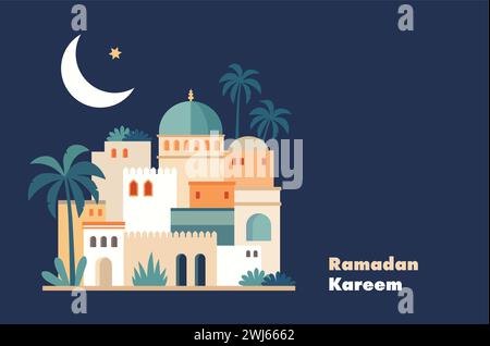 Biglietto d'auguri, invito per la festa musulmana Ramadan Kareem. Case arabe colorate, palme da dattero. Luna, stelle di notte. Illustrazioni vettoriali, piatte Illustrazione Vettoriale