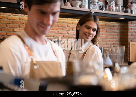 Barista che lavora in un bar. Ritratto di un giovane barista in piedi dietro il bancone del bar. Foto Stock