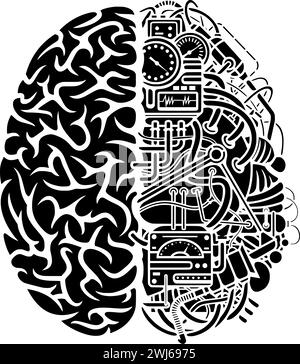 immagine nera del cervello o macchina piatta del logo della tecnologia digitale per i dati con l'icona della scienza e l'intelligenza di forma artificiale come elaborazione Illustrazione Vettoriale