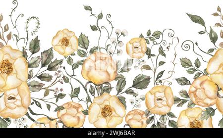 Fiori di peonia giallo acquerello, foglie e contorno dorato senza cuciture Foto Stock