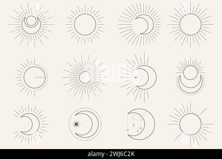 Simboli esoterici e mistici di luna e sole, tarocchi celesti e occulti cantano, elementi astrologici, vettori Illustrazione Vettoriale