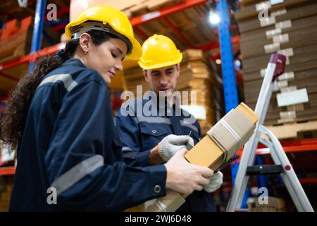 Una giovane lavoratrice di magazzino controlla e conta le scatole di cartone presenti nel magazzino utilizzando un tablet digitale. Foto Stock