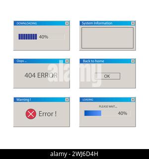 Messaggio operativo .Classic Operating System User Interface element.Set di messaggi del computer, vettore. Illustrazione Vettoriale