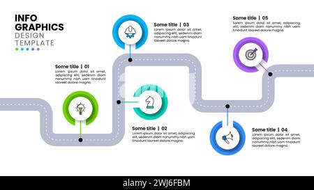 Modello infografico con icone e 5 opzioni o passaggi. Strada. Può essere utilizzato per il layout del flusso di lavoro, il diagramma, il banner, il webdesign. Illustrazione vettoriale Illustrazione Vettoriale