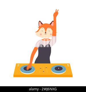 Cartoon divertente dj Fox in piedi al giradischi, suonando mixando disco elettronico in discoteca isolata sul bianco Illustrazione Vettoriale