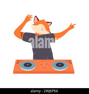 Cartoon divertente dj Fox in piedi al giradischi, suonando mixando disco elettronico in discoteca isolata sul bianco Illustrazione Vettoriale