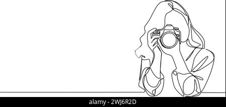 Disegno continuo a linea singola di donna con fotocamera DSLR che scatta foto, illustrazioni vettoriali di disegni al tratto Illustrazione Vettoriale