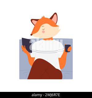 Cartoon Funny Fox booklover che legge storia libro elettronico isolato sul bianco Illustrazione Vettoriale