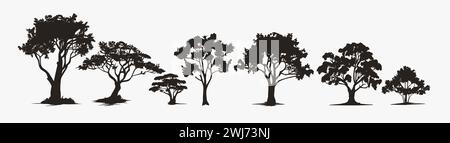 Albero vettoriale silhouette nera foresta paesaggio sfondo fogliame realistico. Set silhouette vettoriale Black Tree Illustrazione Vettoriale