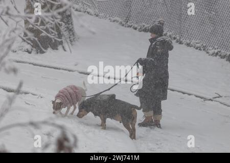 La neve è caduta e si è accumulata nella città di Jersey City nello stato del New Jersey negli Stati Uniti questo martedì 13. A partire dalla fine del 12 febbraio si prevede una forte nevicata in alcune zone del nord-est degli Stati Uniti, con alcune aree che raggiungono i 5 cm di neve all'ora, ha detto il National Weather Service Forecasters. Crediti: Brasile Photo Press/Alamy Live News Foto Stock