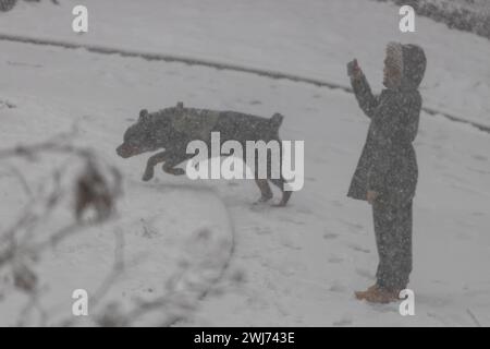 La neve è caduta e si è accumulata nella città di Jersey City nello stato del New Jersey negli Stati Uniti questo martedì 13. A partire dalla fine del 12 febbraio si prevede una forte nevicata in alcune zone del nord-est degli Stati Uniti, con alcune aree che raggiungono i 5 cm di neve all'ora, ha detto il National Weather Service Forecasters. Crediti: Brasile Photo Press/Alamy Live News Foto Stock