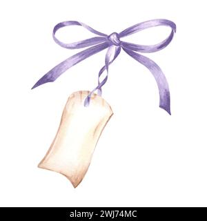 Etichetta regalo acquerello sul nastro con fiocco viola delicato. Illustrazione isolata disegnata a mano con spazio di copia per il testo. Modello vuoto per la pubblicità di vendita Foto Stock