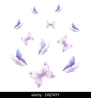 Composizione acquerello di farfalle volanti delicato colore viola. Illustrazione isolata disegnata a mano, insetto selvatico esotico di primavera. Disegno modello per p Foto Stock