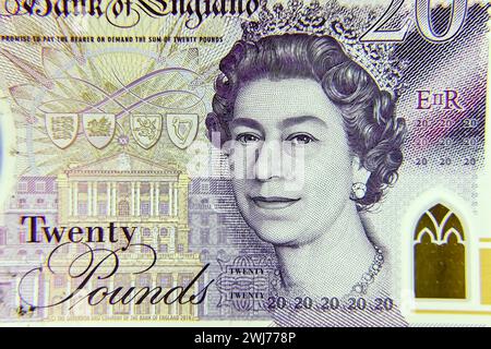 Sterline britanniche, 20 sterline, primo piano con attenzione selettiva. Regno Unito con un ritratto della regina Elisabetta II Foto Stock