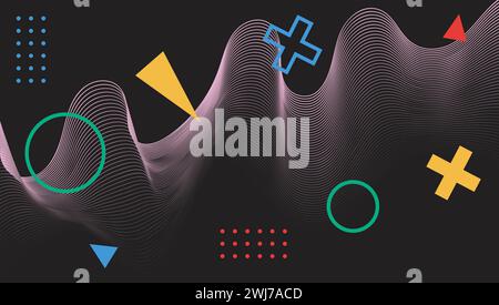 Futuristico sfondo astratto con forme geometriche, linee ondulate, forme brutali. Design grafico moderno. Figure colorate su sfondo nero. Illustrazione Vettoriale