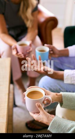 Primo piano di tre amiche mature al Lounge at Home Meeting per Una chat e una bevanda calda Foto Stock