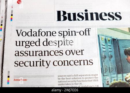 "Lo spin-off di Vodafone ha sollecitato nonostante le assicurazioni sui problemi di sicurezza" articolo del quotidiano Guardian 27 gennaio 2024 Londra Inghilterra Regno Unito Foto Stock