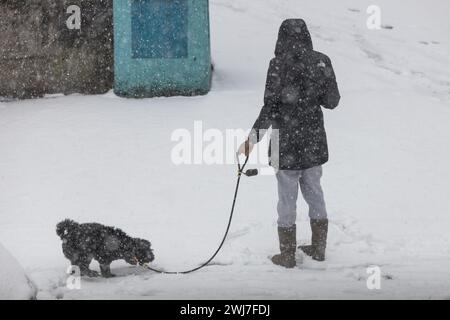 New York, New York, Stati Uniti. 13 febbraio 2024. La neve è caduta e si è accumulata nella città di Jersey City nello stato del New Jersey negli Stati Uniti questo martedì 13. A partire dalla fine del 12 febbraio si prevede una forte nevicata in alcune zone del nord-est degli Stati Uniti, con alcune aree che raggiungono i 5 cm di neve all'ora, ha detto il National Weather Service Forecasters. (Credit Image: © William Volcov/ZUMA Press Wire) SOLO PER USO EDITORIALE! Non per USO commerciale! Foto Stock