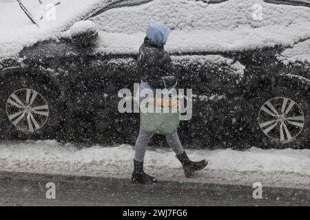 New York, New York, Stati Uniti. 13 febbraio 2024. La neve è caduta e si è accumulata nella città di Jersey City nello stato del New Jersey negli Stati Uniti questo martedì 13. A partire dalla fine del 12 febbraio si prevede una forte nevicata in alcune zone del nord-est degli Stati Uniti, con alcune aree che raggiungono i 5 cm di neve all'ora, ha detto il National Weather Service Forecasters. (Credit Image: © William Volcov/ZUMA Press Wire) SOLO PER USO EDITORIALE! Non per USO commerciale! Foto Stock