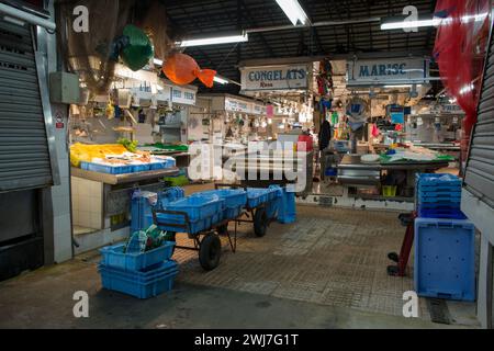 Bancarelle di pesce nel vecchio mercato centrale dell'Abaceria, Barcellona Foto Stock