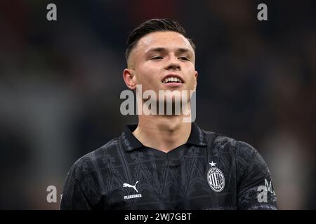 Milano, Italia. 11 febbraio 2024. Jan-Carlo Simic dell'AC Milan reagisce in seguito al fischio finale della partita di serie A A a Giuseppe Meazza, Milano. Il credito per immagini dovrebbe essere: Jonathan Moscrop/Sportimage Credit: Sportimage Ltd/Alamy Live News Foto Stock