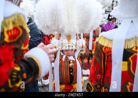 Binche, Belgio. 13 febbraio 2024. I carnivalisti Gilles nella foto al carnevale per le strade di Binche, martedì 13 febbraio 2024. La tradizione del Carnevale di Binche è una delle più antiche e rappresentative della Vallonia e inserita nel 2008 nella Lista rappresentativa del Patrimonio culturale immateriale dell'Umanità dall'UNESCO. BELGA PHOTO ERIC LALMAND credito: Belga News Agency/Alamy Live News Foto Stock