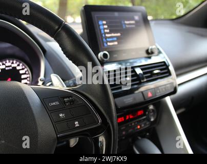 Pulsanti sul volante e touch screen di controllo sfocato negli interni della vettura moderna Foto Stock