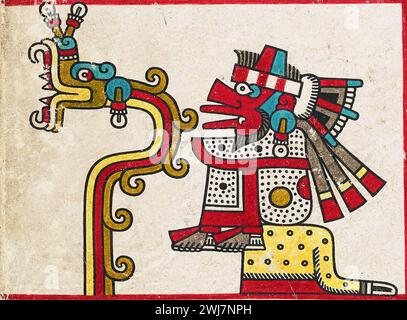 Quetzalcoatl, una divinità della cultura e della letteratura azteca. Raffigurazione delle due forme del dio Quetzalcoatl dal Codex Laud, un manoscritto messicano pre-ispanico probabilmente realizzato nel XV secolo. La sua forma come serpente piumato, divinità celeste, è raffigurata a sinistra, e la sua forma come il dio del vento Ehecatl è vista a destra, Foto Stock