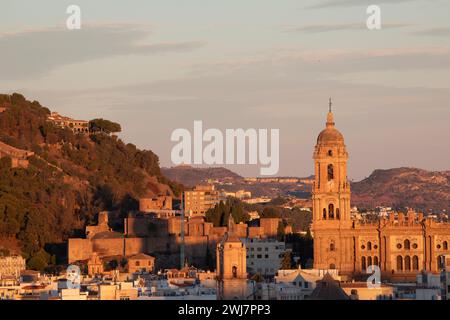 La cattedrale di Málaga al crepuscolo di novembre. La cattedrale è una chiesa cattolica nella città di Málaga in Andalusia, nel sud della Spagna Foto Stock