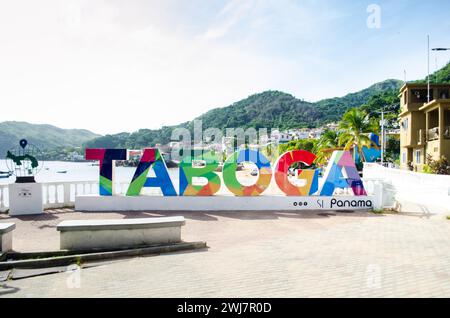 Cartello di benvenuto per Taboga Island nella Baia di Panama Foto Stock